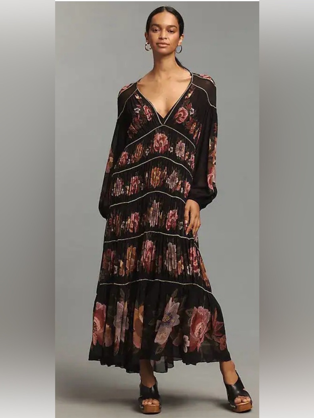 FARM Rio Black Maxi Dress with Pink and Rust Floral Print